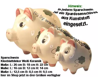 Sparschweine mit Dekor "Dekor Kleeblatt weiß" in drei Größen