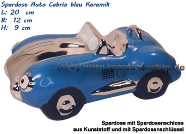 Preview: Spardose Auto Cabrio blau – sportliches Keramik-Design mit Schloss & Schlüssel