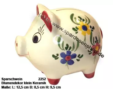 Sparschwein mit Dekor Blumen klein weiß Keramik mit Spardosenschloss Maße ca.: L= 12,5 cm