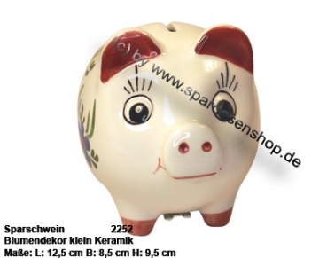 Preview: Sparschwein mit Dekor Blumen klein weiß Keramik mit Spardosenschloss Maße ca.: L= 12,5 cm Preview: Sparschwein mit Dekor klein Blumendekor B