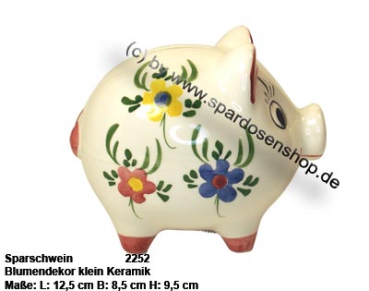 Preview: Sparschwein mit Dekor Blumen klein weiß Keramik mit Spardosenschloss Maße ca.: L= 12,5 cm Preview: Sparschwein mit Dekor klein Blumendekor C