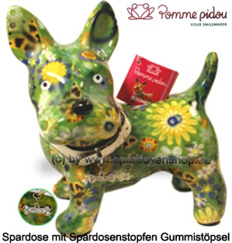 Preview: Spardose Hund Bommer grün mit Blüten – Pomme Pidou Keramikfigur, 17,5 cm lang & dekorativ