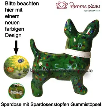Spardose Spartier Pomme Pidou Hund Bommer grün Blüten Keramik C