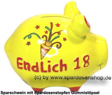 Preview: Sparschwein 3D Design Endlich 18 gelb Keramik Marke KCG Maße ca.: L= 12,5 cm Preview: KCG Sparschwein Endlich 18 C