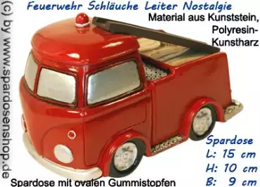 Spardose Feuerwehrauto Schläuche Leiter Nostalgie Kunststein mit Spardosenstopfen Maße ca.: L= 15 cm