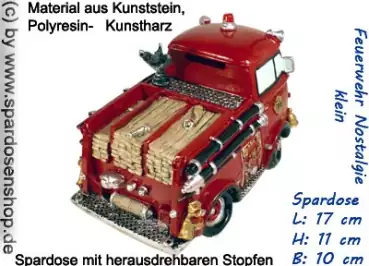 Spardose Feuerwehrauto Nostalgie klein Kunststein mit Spardosenverschluss Maße ca.: L= 17 cm