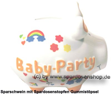 Preview: Sparschwein 3D Design Baby-Party weiß bunte Dekor Schrift Keramik Marke KCG Maße ca.: L= 12,5 cm Preview: KCG-Kleinsparschwein-3D-Baby-Party C