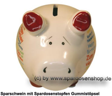 Preview: Sparschwein Kleinsparschwein Happy Birthday international weiß Keramik B