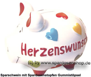 Preview: Sparschwein „Herzenswunsch“ – Mittelgroßes KCG 3D-Dekor aus Keramik mit Herzen & Gummistopfen Maße ca.: L= 17 cm