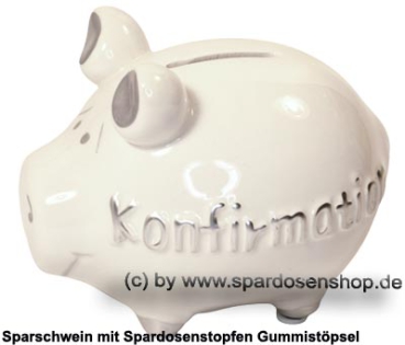 Preview: Sparschwein „Konfirmation“ weiß/silberfarben klein – KCG Keramik Spardose mit moderenen Dekor Maße ca.: L= 12,5 cm
