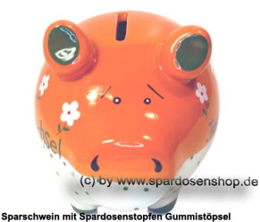 Preview: Sparschwein Tapetenwechsel orange-weiß bunte Dekor Schrift Keramik Marke KCG Maße ca.: L= 12,5 cm Preview: Sparschwein Kleinsparschwein Tapetenwechsel orange-weiß Keramik B