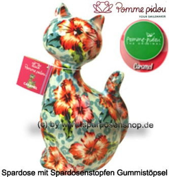 Preview: Katze Caramel blaugrün mit Blumen – verspielte Pomme Pidou Spardose, 22 cm Keramik