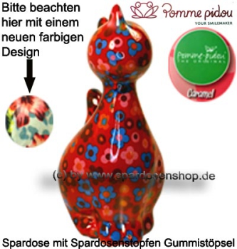 Preview: Spardose Spartier Pomme Pidou Katze Caramel rot mit Blumen Keramik B