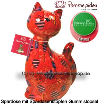 Preview: Rote Spardose Katze Caramel – mit bunten Herzen, Keramik von Pomme Pidou, 22 cm