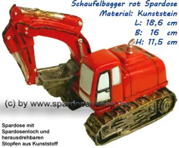 Schaufelbagger rot Spardose aus Kunststein A
