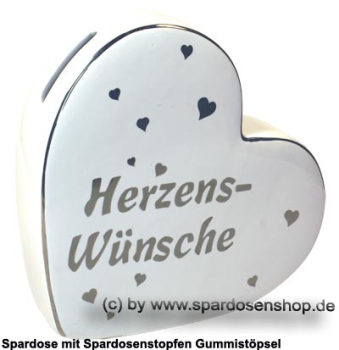 Preview: Spardose „Herzens-Wünsche“ – elegante Herz-Spardose aus Keramik mit silberner Schrift