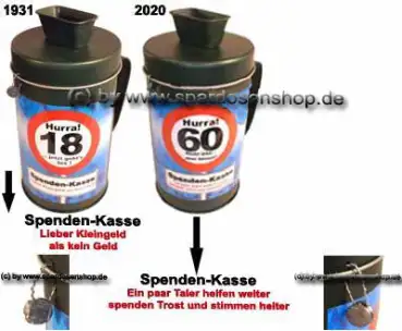 Spendenbox mit verplompten Deckel Aufkleber 18 + 60