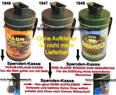 Spendenbox mit verplompten Deckel Aufkleber Traumurlaub + Geburstag