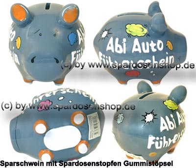 Sparschweine & Spardosen sowie Zubehör - Sparschwein- Kleinsparschwein- Abi  Auto Führerschein mit Spardosenstopfen und KCG- 3D-Design in der Hauptfarbe  grau