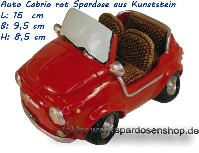 Sparschweine & Spardosen sowie Zubehör - Spardose Auto Cabrio rot aus  Kunststein mit herausdrehbaren Stopfen aus Kunststoff in der Grundfarbe rot/  bunt L: 15 cm