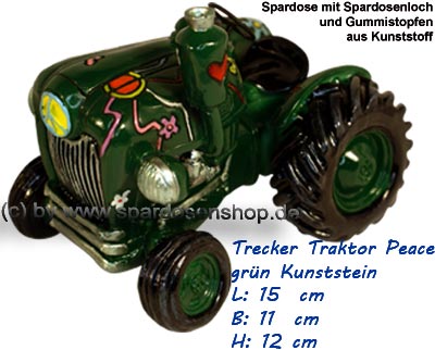 Sparschweine & Spardosen sowie Zubehör - Spardose Trecker Traktor Peace aus  Kunststein mit herausnehmbaren Gummistopfen aus Kunststoff in der  Grundfarbe grün/ bunt L: 15 cm