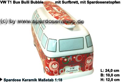 Sparschweine & Spardosen sowie Zubehör - Auto Bulli VW T1 Samba Bus Dekor  Bubble mit Surfbrett Spardose 24 cm Farbe rot/bunt aus Keramik mit  herausnehmbaren Gummistopfen, Gummistopfen, Spardosenstopfen