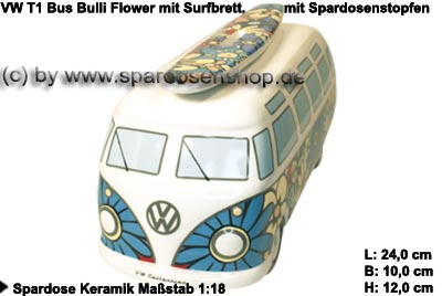Sparschweine & Spardosen sowie Zubehör - Auto Bulli VW T1 Samba Bus Dekor  Flower mit Surfbrett Spardose 24 cm Farbe bunt aus Keramik mit  herausnehmbaren Gummistopfen, Gummistopfen, Spardosenstopfen