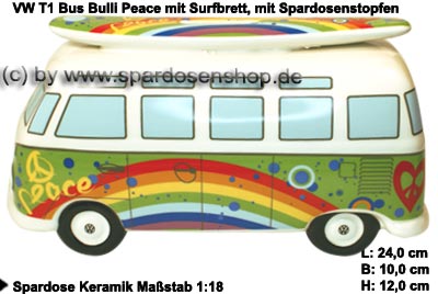 Sparschweine & Spardosen sowie Zubehör - Auto Bulli VW T1 Samba Bus Dekor  Peace mit Surfbrett Spardose 24 cm Farbe grün/ bunt aus Keramik mit  herausnehmbaren Gummistopfen, Gummistopfen, Spardosenstopfen