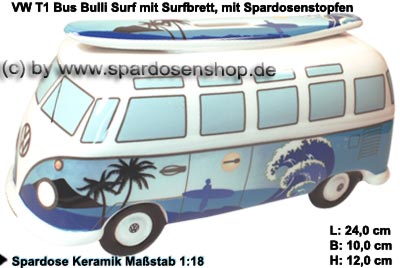 Sparschweine & Spardosen sowie Zubehör - Auto Bulli VW T1 Samba Bus Dekor  Surf mit Surfbrett Spardose 24 cm blau bunt aus Keramik mit herausnehmbaren  Gummistopfen, Spardosenstopfen