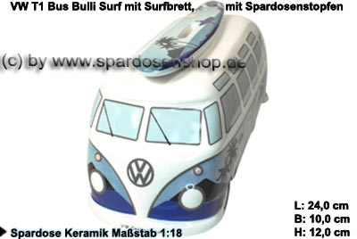 VW T1 BUS SPARDOSE (MAßSTAB 1:18) MIT SURFBRETT IN GESCHENKBOX
