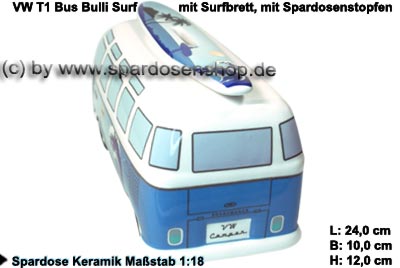 Sparschweine & Spardosen sowie Zubehör - Auto Bulli VW T1 Samba Bus Dekor  Surf mit Surfbrett Spardose 24 cm blau bunt aus Keramik mit herausnehmbaren  Gummistopfen, Spardosenstopfen