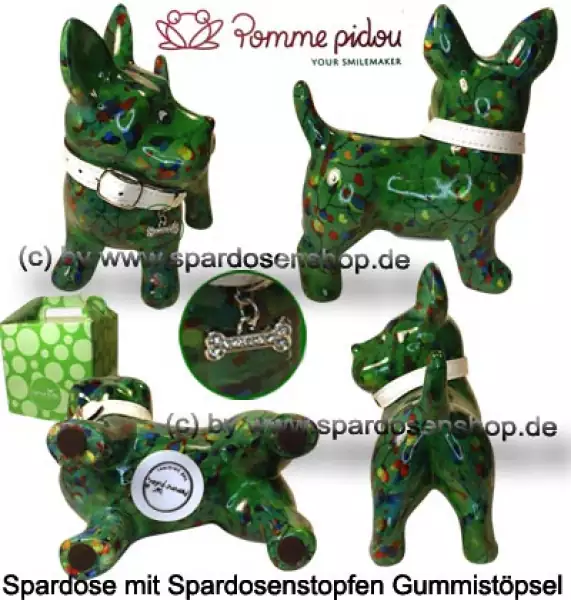 Spardose Spartier Pomme Pidou Hund Bommer dunkelgrün Keramik Gesamt