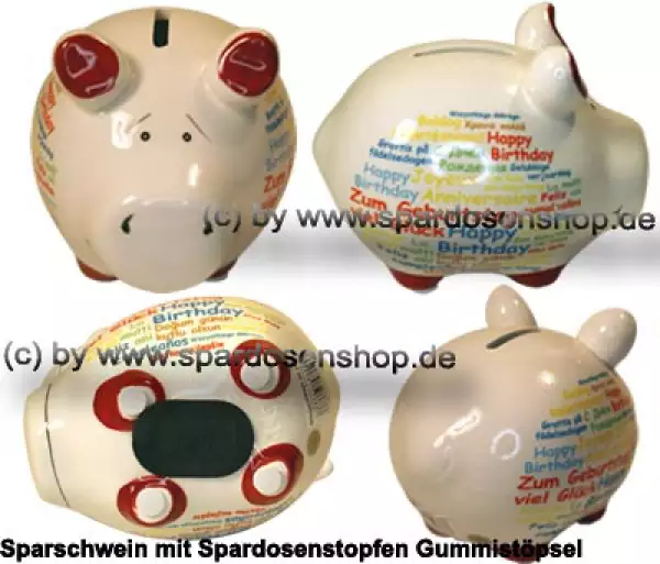 Sparschwein Kleinsparschwein Happy Birthday international weiß Keramik Gesamt