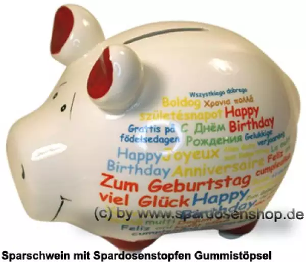 Sparschwein Kleinsparschwein Happy Birthday international weiß Keramik A