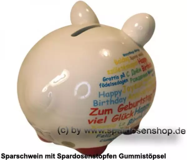 Sparschwein Kleinsparschwein Happy Birthday international weiß Keramik D