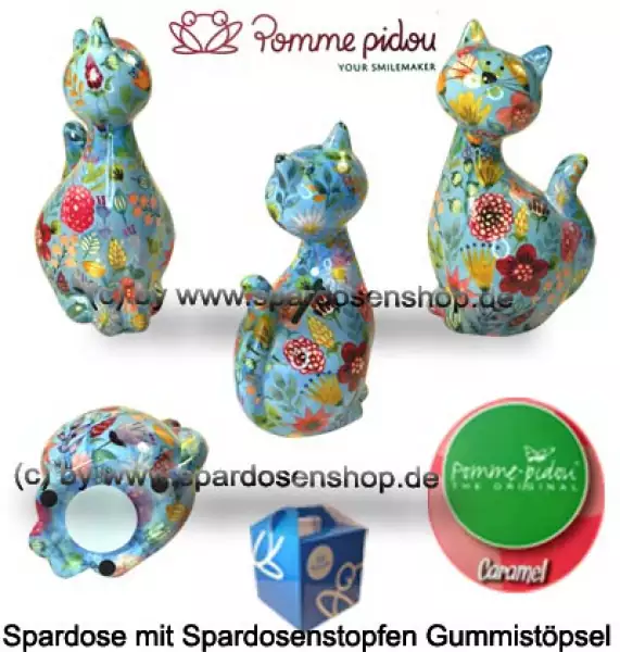 Spardose Spartier Pomme Pidou Katze Caramel hellblau Keramik Gesamt