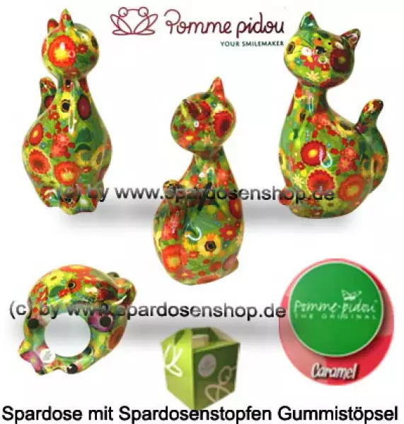 Spardose Spartier Pomme Pidou Katze Caramel grün Keramik Gesamt