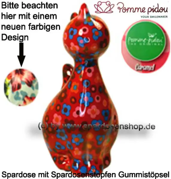 Spardose Spartier Pomme Pidou Katze Caramel rot mit Blumen Keramik B