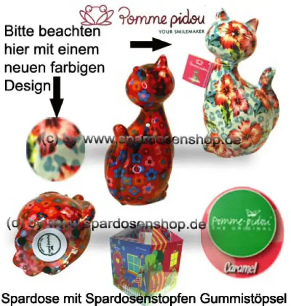 Spardose Spartier Pomme Pidou Katze Caramel blau mit Blumen Keramik Gesamt