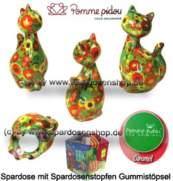 Spardose Spartier Pomme Pidou Katze Caramel grün Keramik Gesamt
