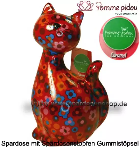 Spardose Spartier Pomme Pidou Katze Caramel rot mit Blumen Keramik A