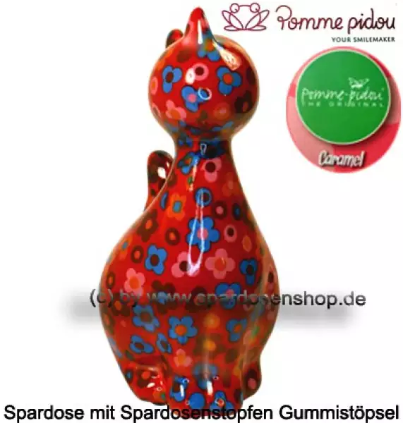 Spardose Spartier Pomme Pidou Katze Caramel rot mit Blumen Keramik B