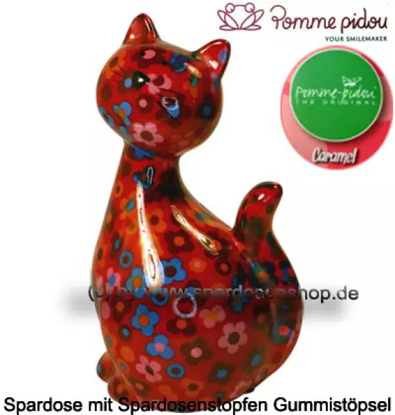Spardose Spartier Pomme Pidou Katze Caramel rot mit Blumen Keramik C