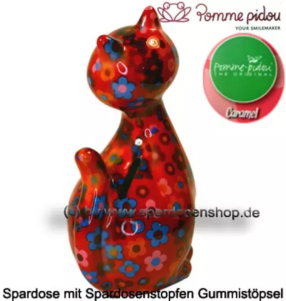 Spardose Spartier Pomme Pidou Katze Caramel rot mit Blumen Keramik D