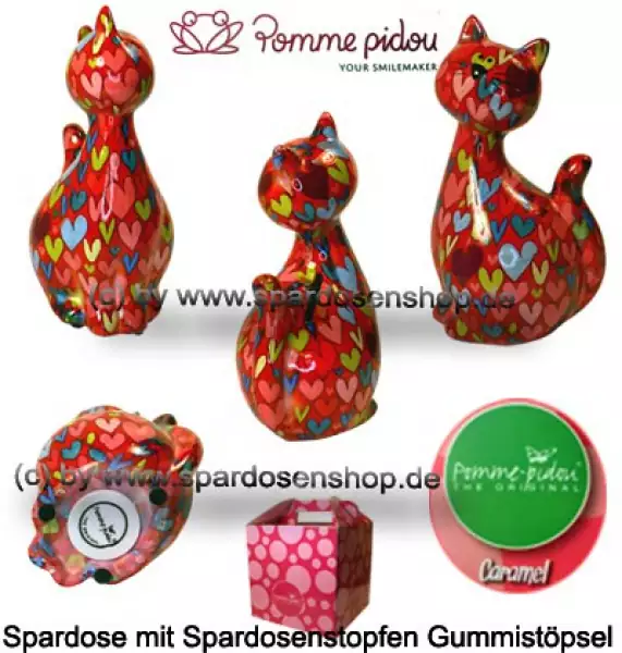 Spardose Spartier Pomme Pidou Katze Caramel rot mit Herzen Keramik Gesamt