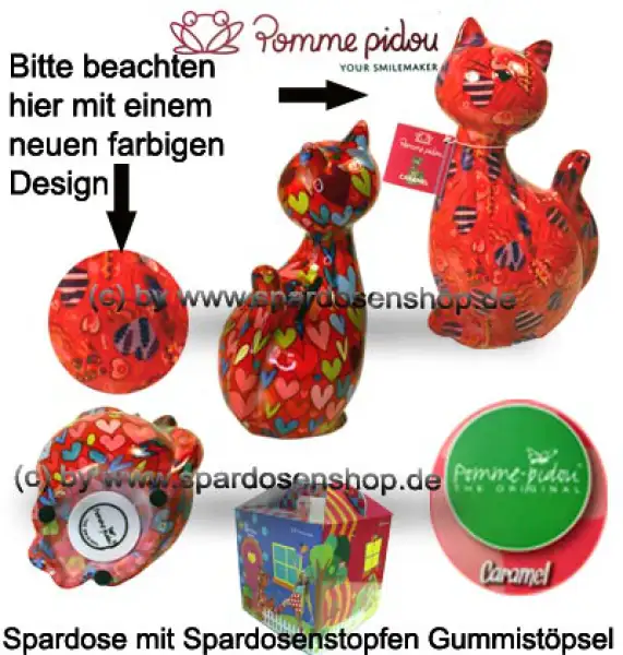Spardose Spartier Pomme Pidou Katze Caramel rot mit Herzen Keramik Gesamt