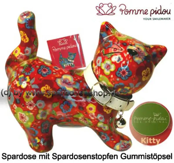 Spardose Spartier Pomme Pidou Katze Kitty rot mit Blumen Keramik A