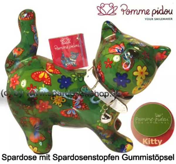 Spardose Spartier Pomme Pidou Katze Kitty dunkelgrün mit Schmetterlingen Keramik A
