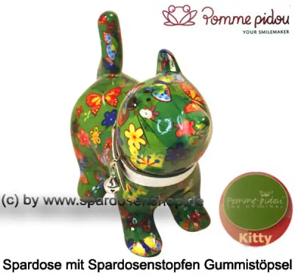 Spardose Spartier Pomme Pidou Katze Kitty dunkelgrün mit Schmetterlingen Keramik B