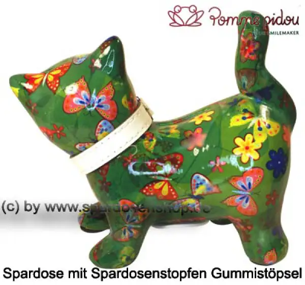 Spardose Spartier Pomme Pidou Katze Kitty dunkelgrün mit Schmetterlingen Keramik C